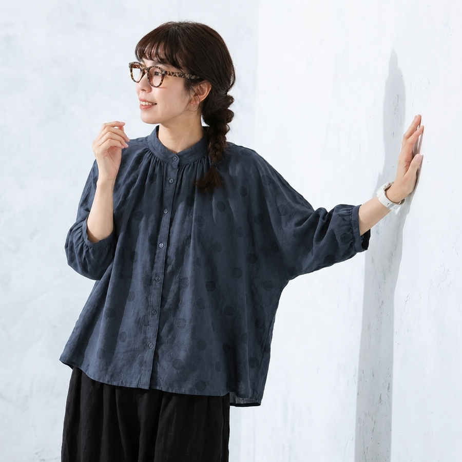 【ゆったり】可愛いドット柄シャツ S/M/L 体型カバー さらっと着られて、毎日着たくなる！ S ネイビー