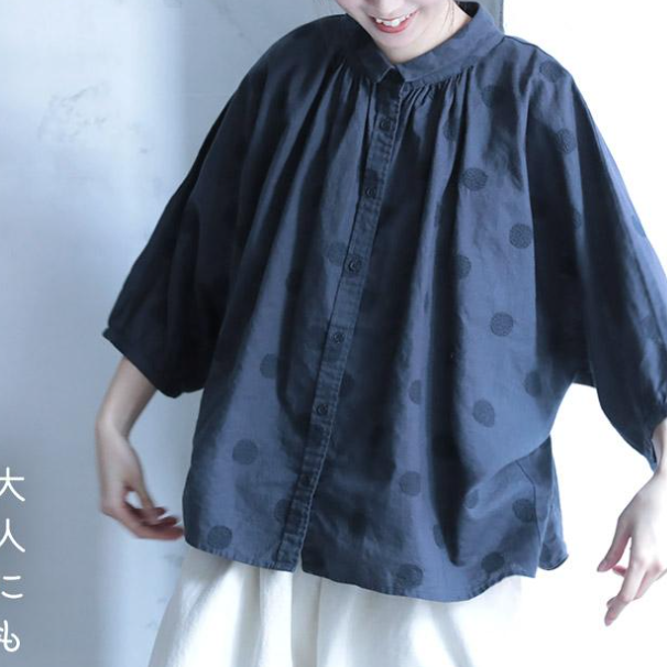 【ゆったり】可愛いドット柄シャツ S/M/L 体型カバー さらっと着られて、毎日着たくなる！ S ネイビー