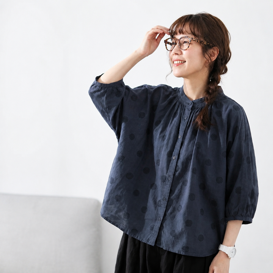 【ゆったり】可愛いドット柄シャツ S/M/L 体型カバー さらっと着られて、毎日着たくなる！ S ネイビー