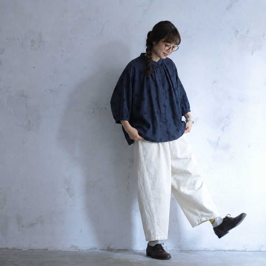 【ゆったり】可愛いドット柄シャツ S/M/L 体型カバー さらっと着られて、毎日着たくなる！ S ネイビー