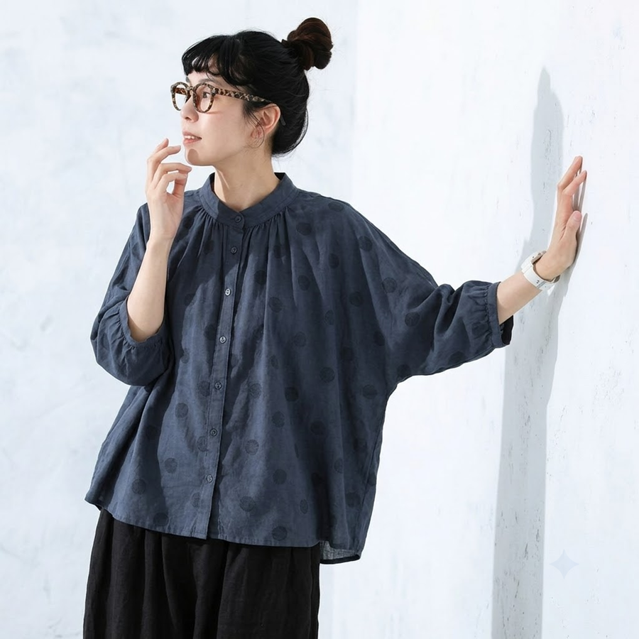 【ゆったり】可愛いドット柄シャツ S/M/L 体型カバー さらっと着られて、毎日着たくなる！ S ネイビー