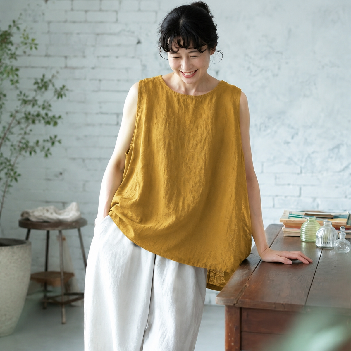 M~4XL ナチュラル コットン ビックシルエット 体型カバー タンクトップ M イエロー