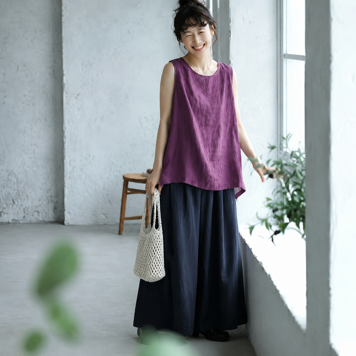 M~4XL ナチュラル コットン ビックシルエット 体型カバー タンクトップ M パープル
