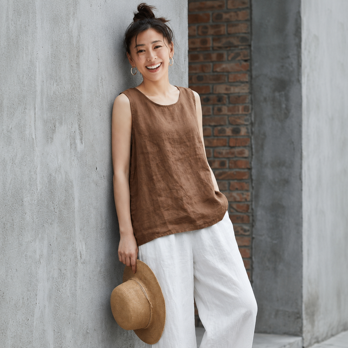 M~4XL ナチュラル コットン ビックシルエット 体型カバー タンクトップ M コーヒー