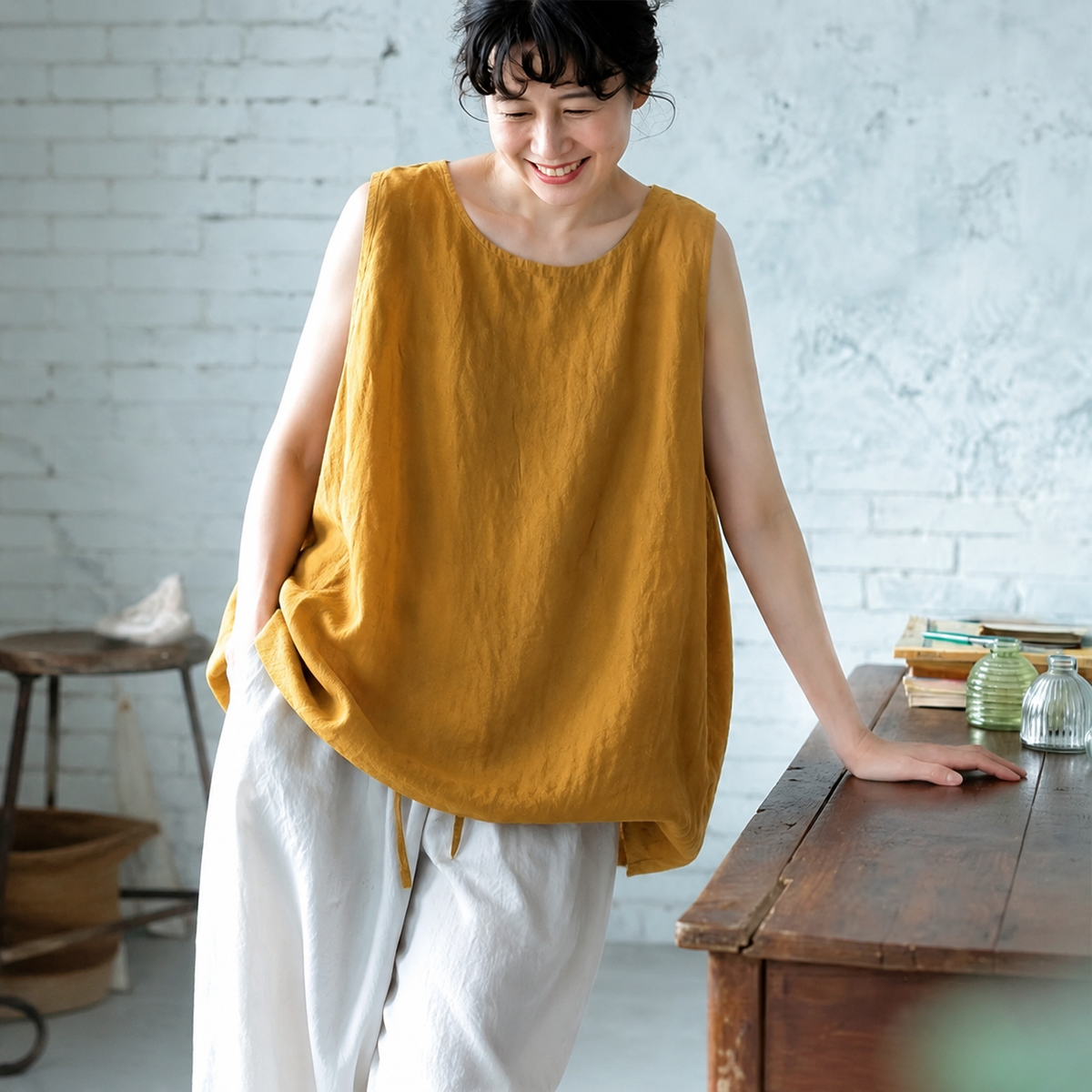 M~4XL ナチュラル コットン ビックシルエット 体型カバー タンクトップ M グリーン