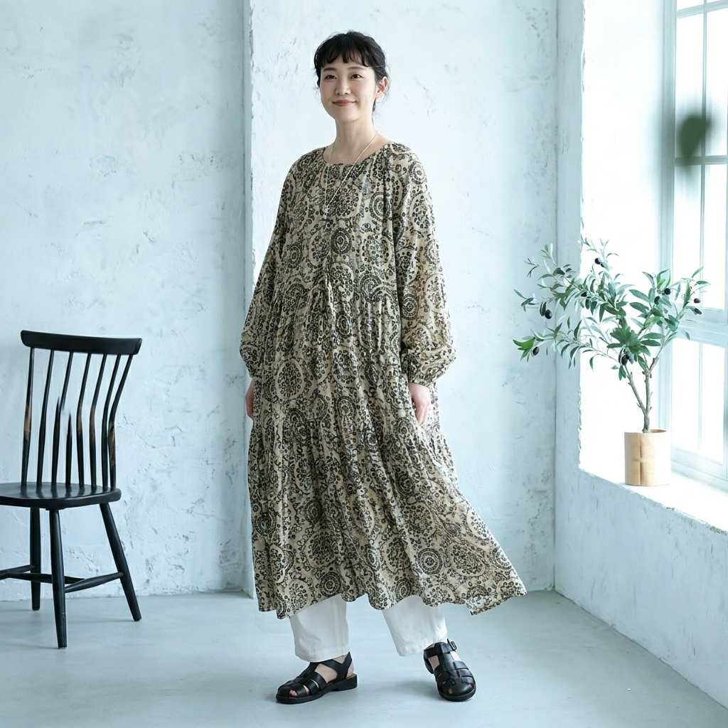 M-2XL プリント 長袖 ワンピ M 写真通り