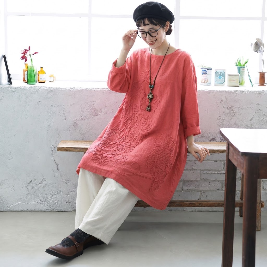 S-5XL 綿麻 秋の庭から届いたような 刺繍ワンピース S オレンジ/長袖