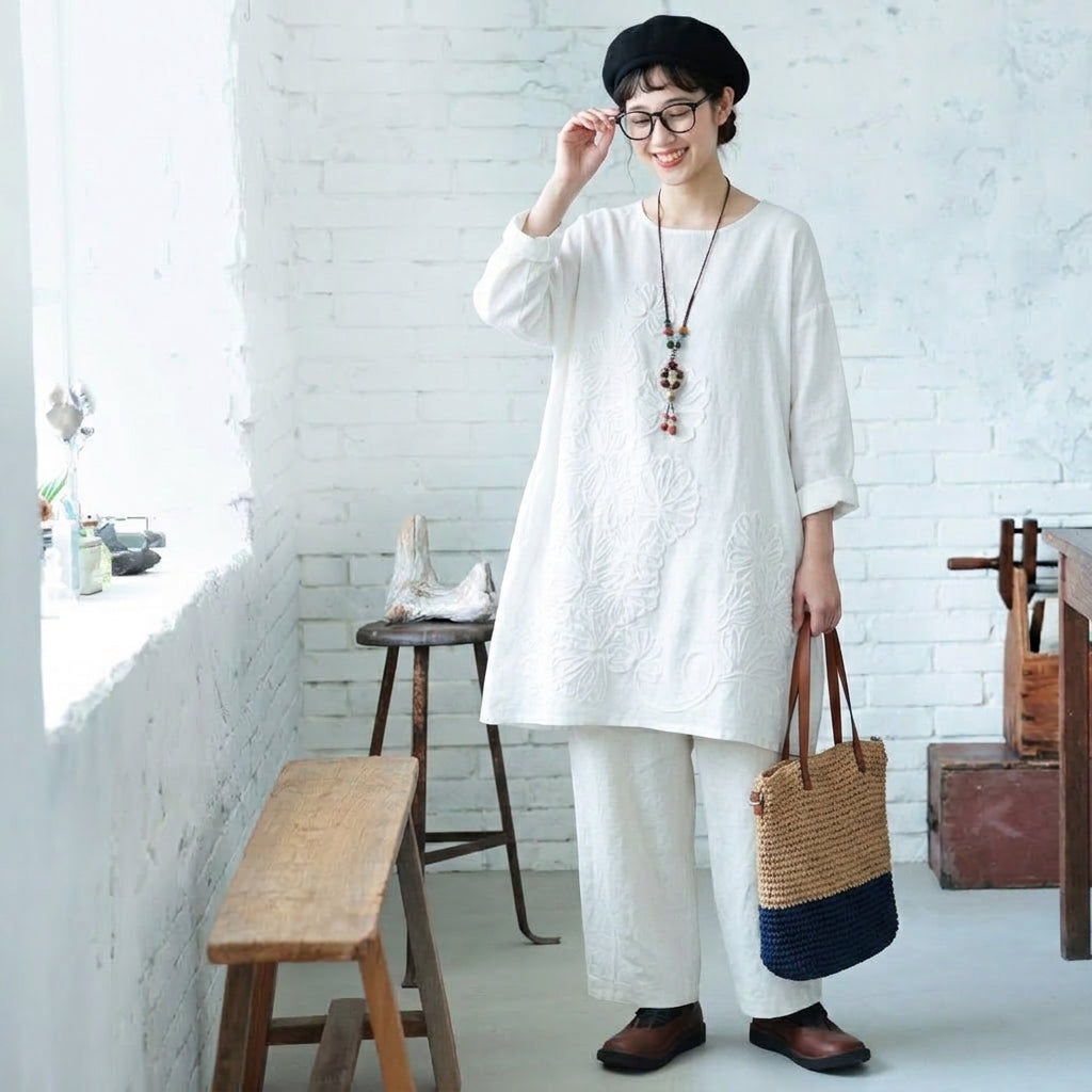 S-5XL 綿麻 秋の庭から届いたような 刺繍ワンピース S ホワイト/長袖