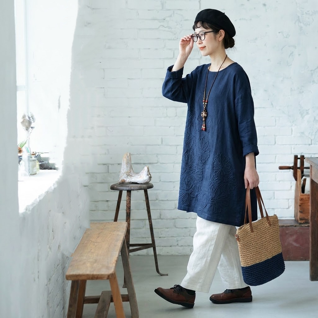 S-5XL 綿麻 秋の庭から届いたような 刺繍ワンピース S ワインレッド/長袖