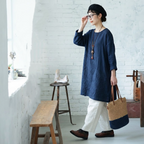 S-5XL 綿麻 秋の庭から届いたような 刺繍ワンピース S ワインレッド/長袖