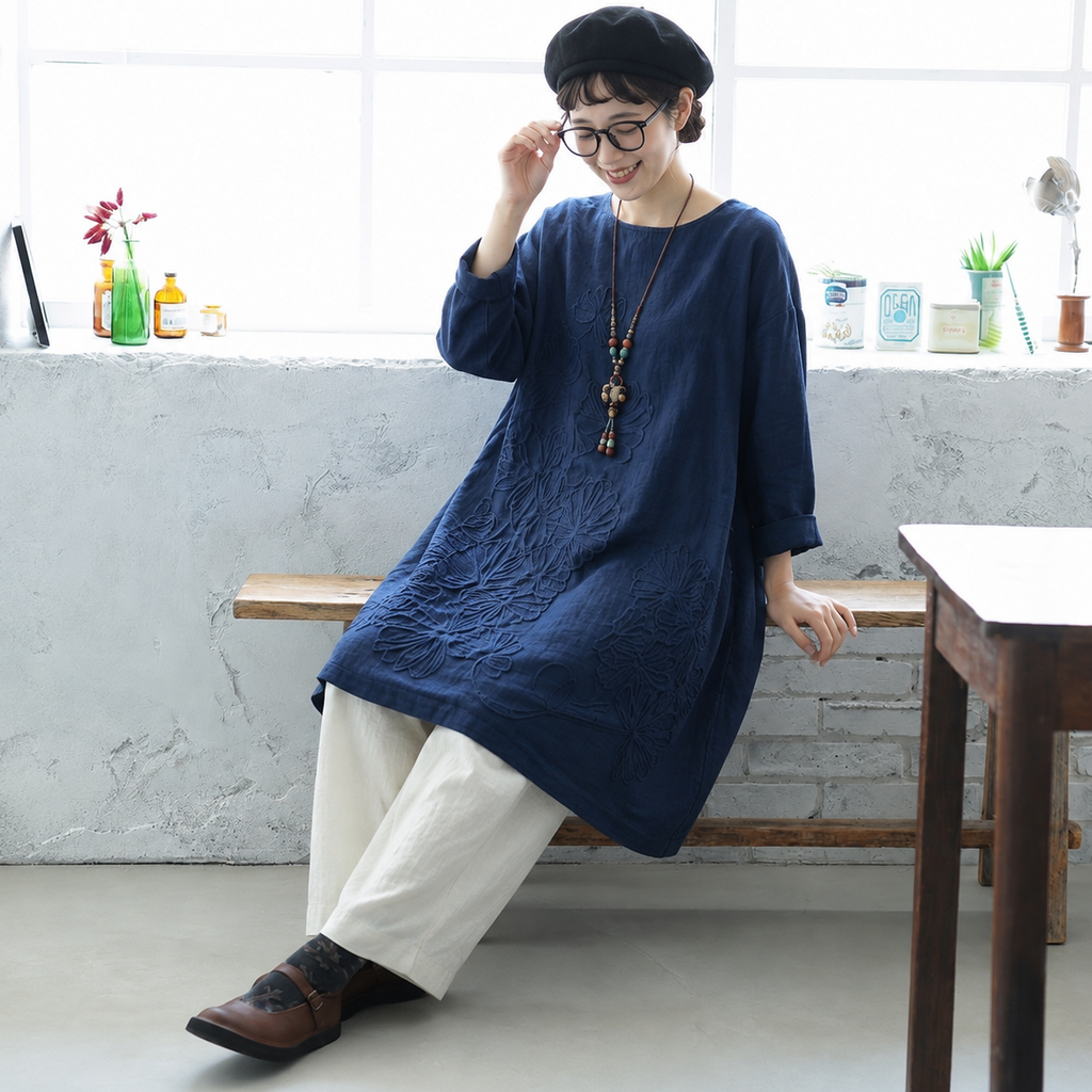 S-5XL 綿麻 秋の庭から届いたような 刺繍ワンピース S ワインレッド/長袖
