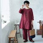S-5XL 綿麻 秋の庭から届いたような 刺繍ワンピース S ワインレッド/長袖