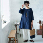 S-5XL 綿麻 秋の庭から届いたような 刺繍ワンピース S ワインレッド/長袖