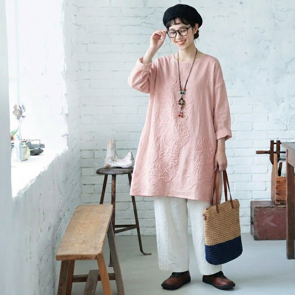 S-5XL 綿麻 秋の庭から届いたような 刺繍ワンピース S ワインレッド/長袖