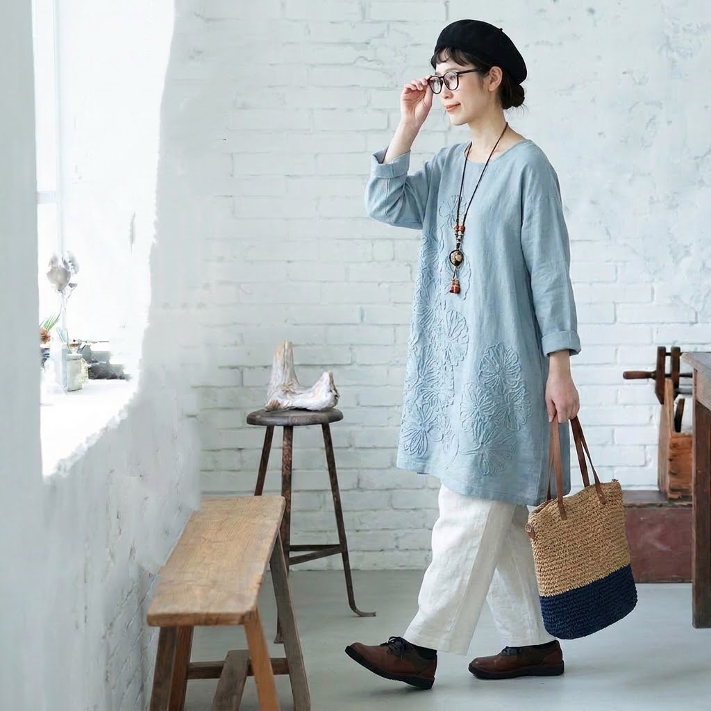 S-5XL 綿麻 秋の庭から届いたような 刺繍ワンピース S ワインレッド/長袖
