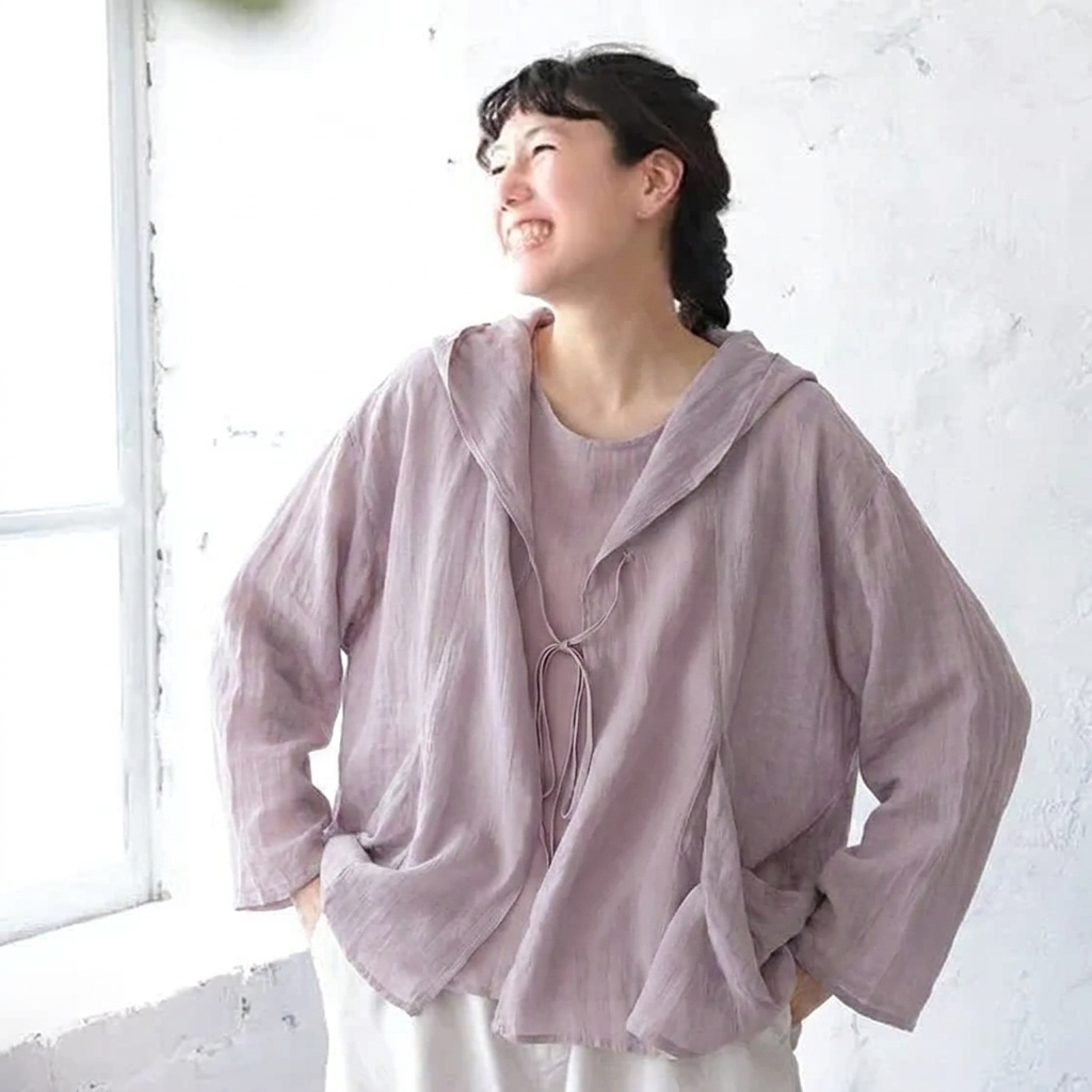M-2XL 綿麻 フード付き ポケット付き 接触冷感  日焼け止め カーディガン M ピンク