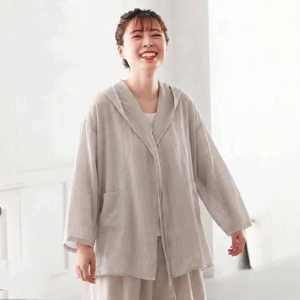 M-2XL 綿麻 フード付き ポケット付き 接触冷感  日焼け止め カーディガン M アプリコット