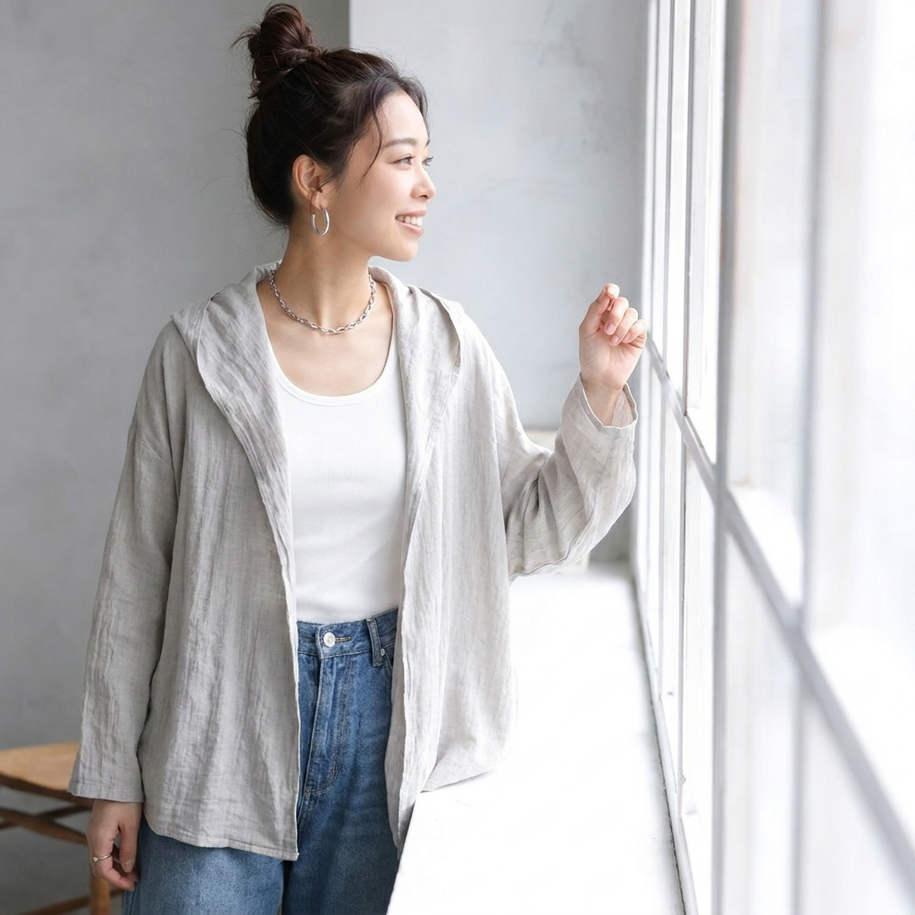 M-2XL 綿麻 フード付き ポケット付き 接触冷感  日焼け止め カーディガン M ネイビー