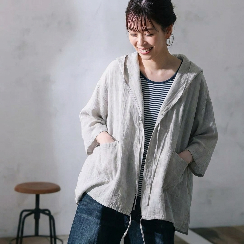 M-2XL 綿麻 フード付き ポケット付き 接触冷感  日焼け止め カーディガン M ネイビー