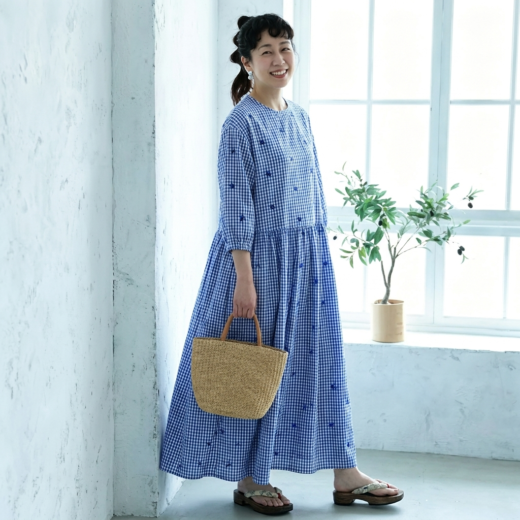 【一枚で涼しげ】ゆったり細チェック・七分袖・大人ナチュラルロング丈｜花刺繍入り綿麻ワンピース M 写真通り