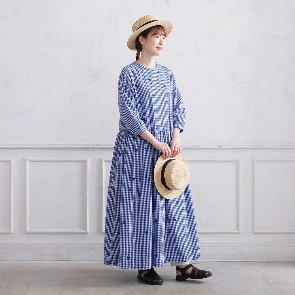【一枚で涼しげ】ゆったり細チェック・七分袖・大人ナチュラルロング丈｜花刺繍入り綿麻ワンピース M 写真通り
