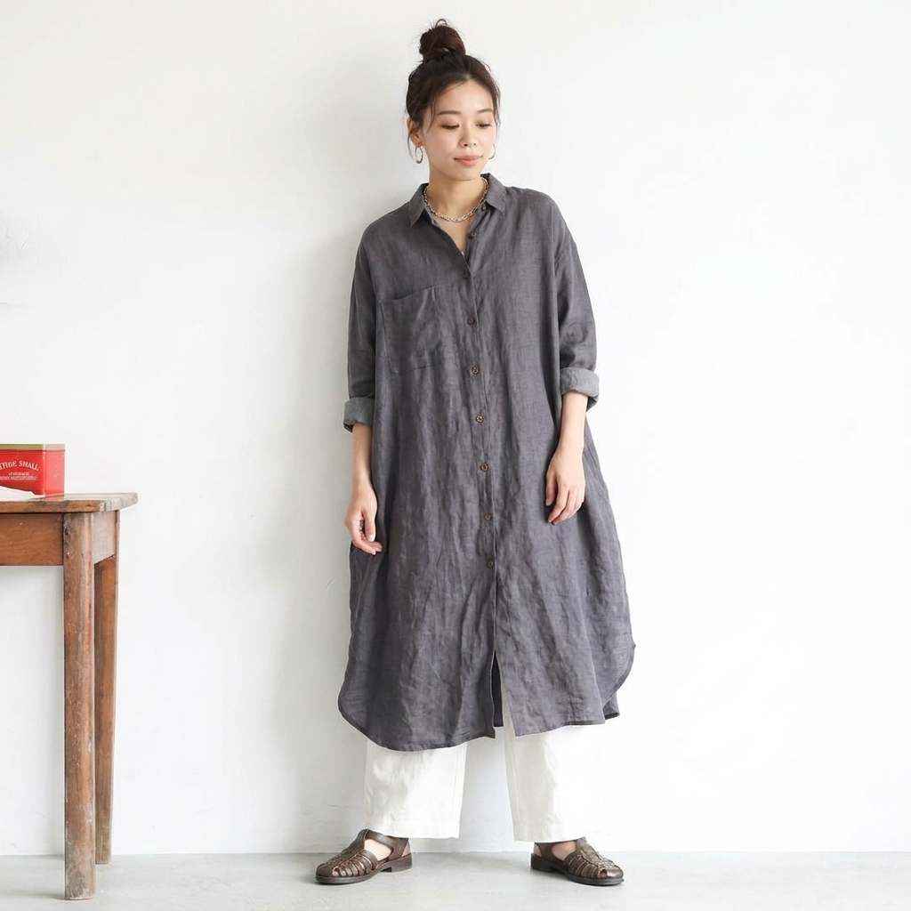 M-2XL 【旅先・アウトドアに】軽やかリネンロングワンピ コーデの主役にも羽織りにもなる万能さ M グレー