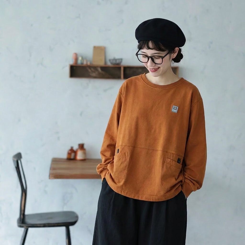 フリーサイズ ラウンドネック ワッペン 切り替えデザイン ポケット付き 長袖Ｔシャツ フリー マスタードイエロー
