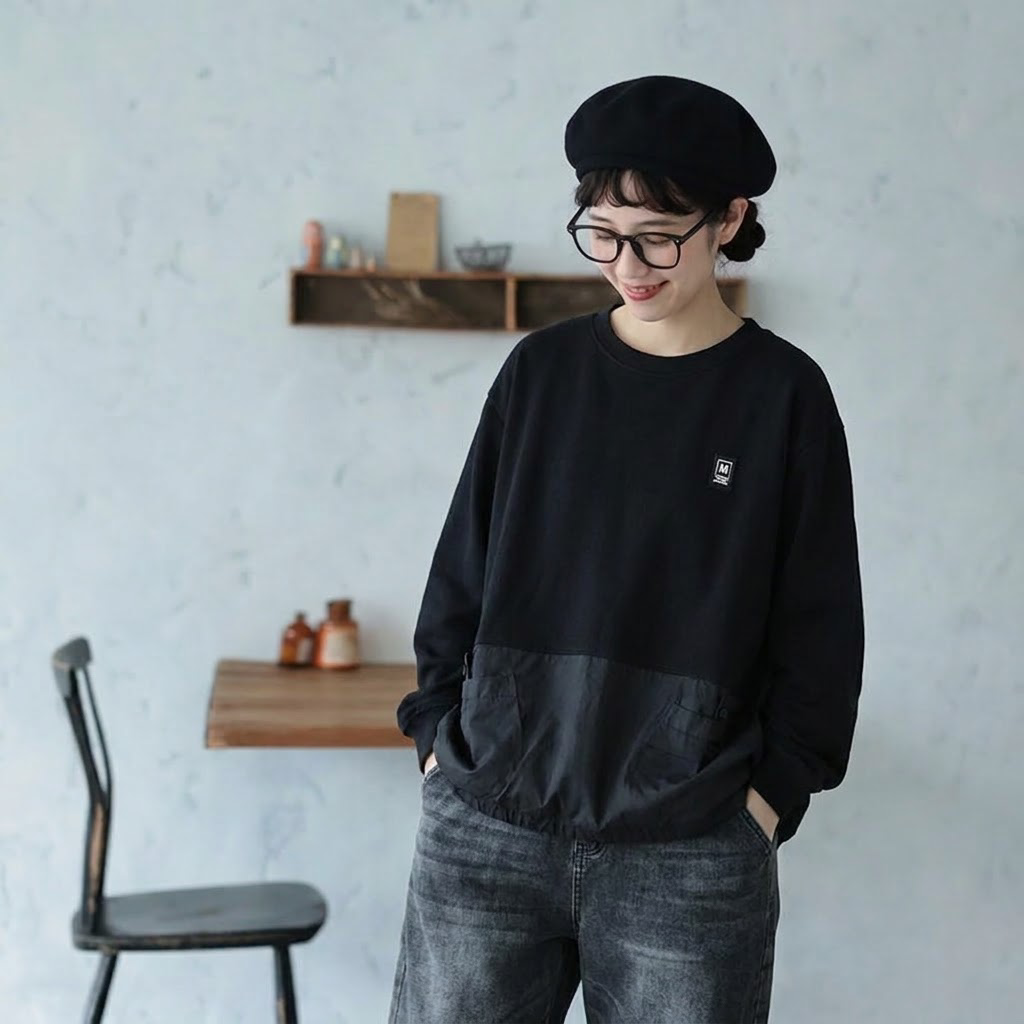 フリーサイズ ラウンドネック ワッペン 切り替えデザイン ポケット付き 長袖Ｔシャツ フリー ブラック