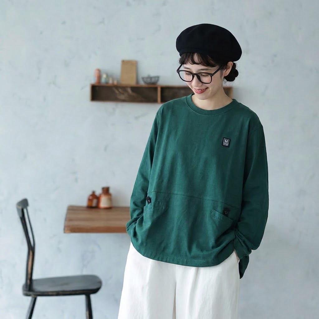 フリーサイズ ラウンドネック ワッペン 切り替えデザイン ポケット付き 長袖Ｔシャツ フリー グリーン
