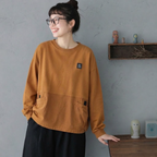 フリーサイズ ラウンドネック ワッペン 切り替えデザイン ポケット付き 長袖Ｔシャツ フリー マスタードイエロー