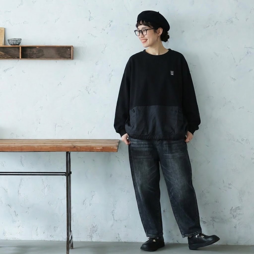フリーサイズ ラウンドネック ワッペン 切り替えデザイン ポケット付き 長袖Ｔシャツ フリー マスタードイエロー
