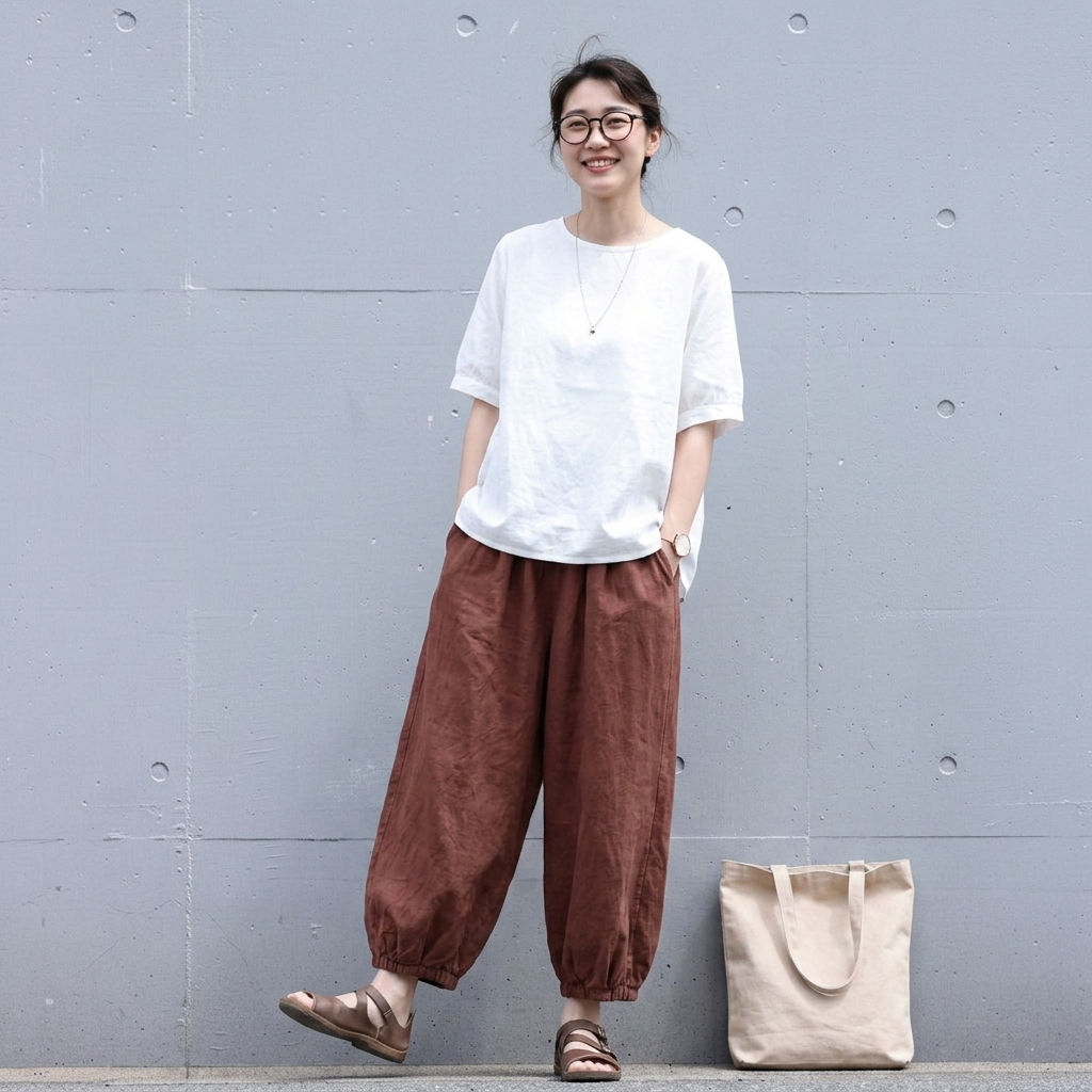 フリーサイズ 綿麻素材 9 分バルーンパンツ ルーズシルエット カジュアル レディースパンツ フリー コーヒー