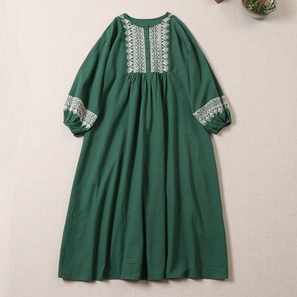 M-2XL 綿麻 プルオーバー プリント 九分袖 ラウンドネック 刺繍 森ガールワンピース M グリーン