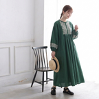 M-2XL 綿麻 プルオーバー プリント 九分袖 ラウンドネック 刺繍 森ガールワンピース M ベージュ