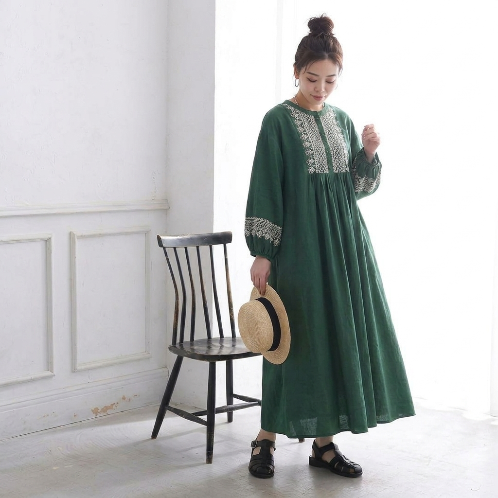 M-2XL 綿麻 プルオーバー プリント 九分袖 ラウンドネック 刺繍 森ガールワンピース M ベージュ
