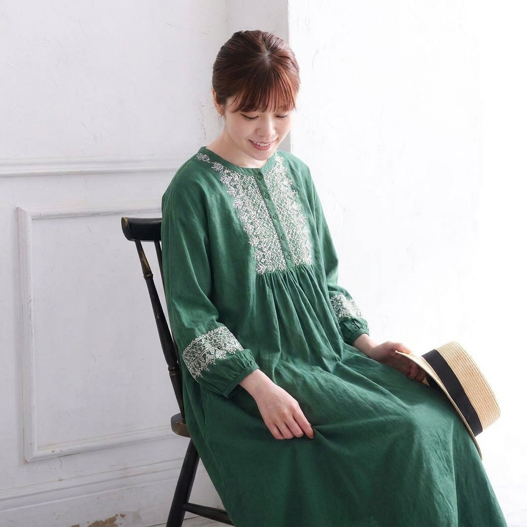 M-2XL 綿麻 プルオーバー プリント 九分袖 ラウンドネック 刺繍 森ガールワンピース M ベージュ