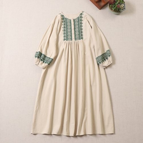 M-2XL 綿麻 プルオーバー プリント 九分袖 ラウンドネック 刺繍 森ガールワンピース M ベージュ