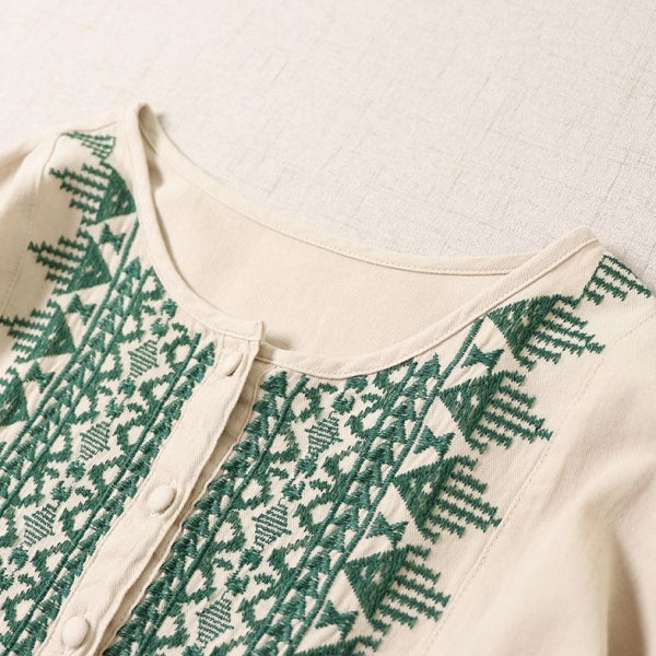 M-2XL 綿麻 プルオーバー プリント 九分袖 ラウンドネック 刺繍 森ガールワンピース M ベージュ