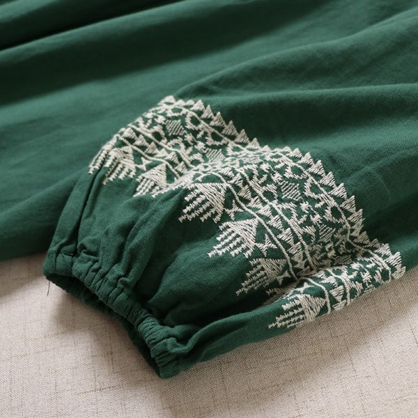 M-2XL 綿麻 プルオーバー プリント 九分袖 ラウンドネック 刺繍 森ガールワンピース M ベージュ