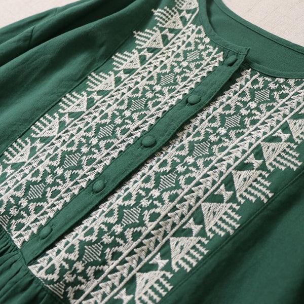 M-2XL 綿麻 プルオーバー プリント 九分袖 ラウンドネック 刺繍 森ガールワンピース M ベージュ