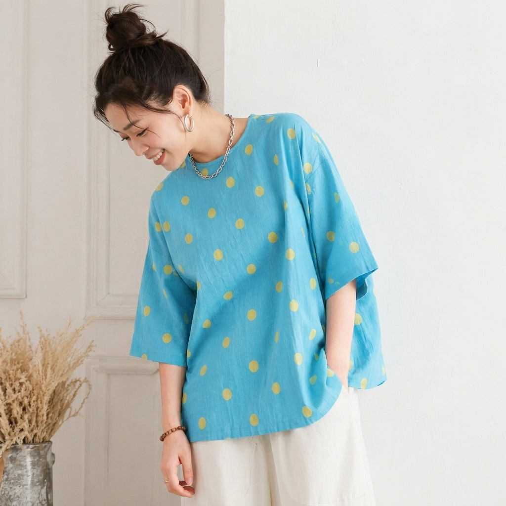 M-3XL 綿麻 ラウンドネック ドット柄 ビックシルエット プリント 七分袖 カジュアル Tシャツ M シーブルー