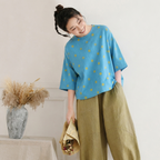 M-3XL 綿麻 ラウンドネック ドット柄 ビックシルエット プリント 七分袖 カジュアル Tシャツ M シーブルー