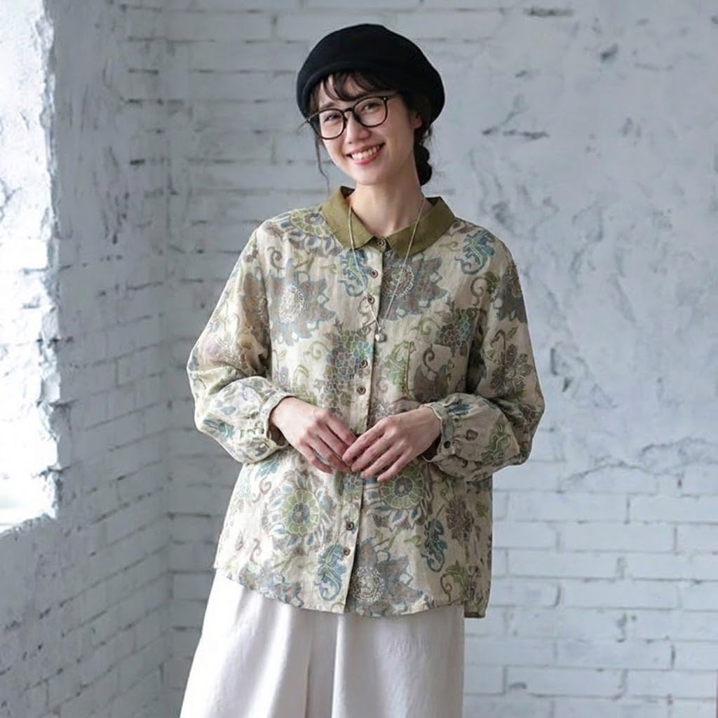 M-2XL 可愛くて繊細な 配色 プリント 七分袖 シャツ M 写真通り