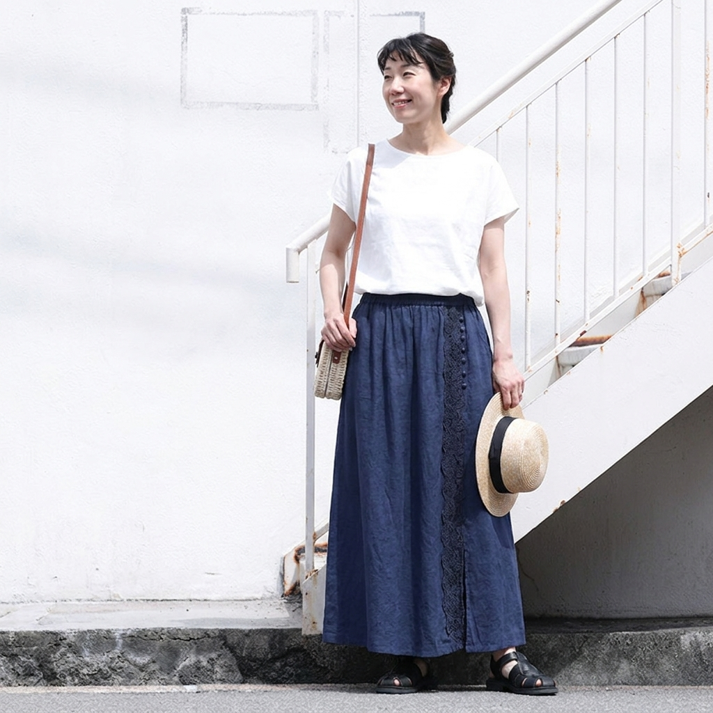 M-2XL 無地 甘めな印象 切り替え レース シンプル スカート M ネイビー