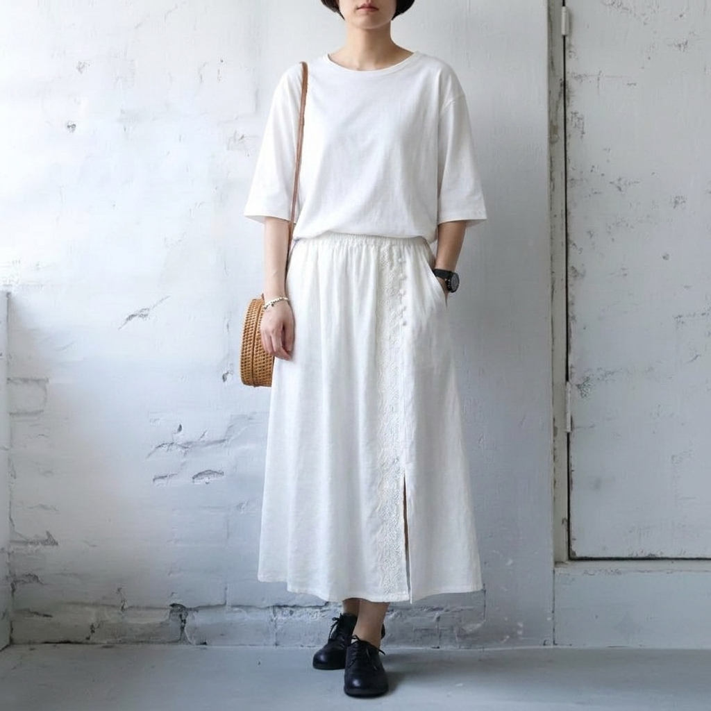 M-2XL 無地 甘めな印象 切り替え レース シンプル スカート M ホワイト