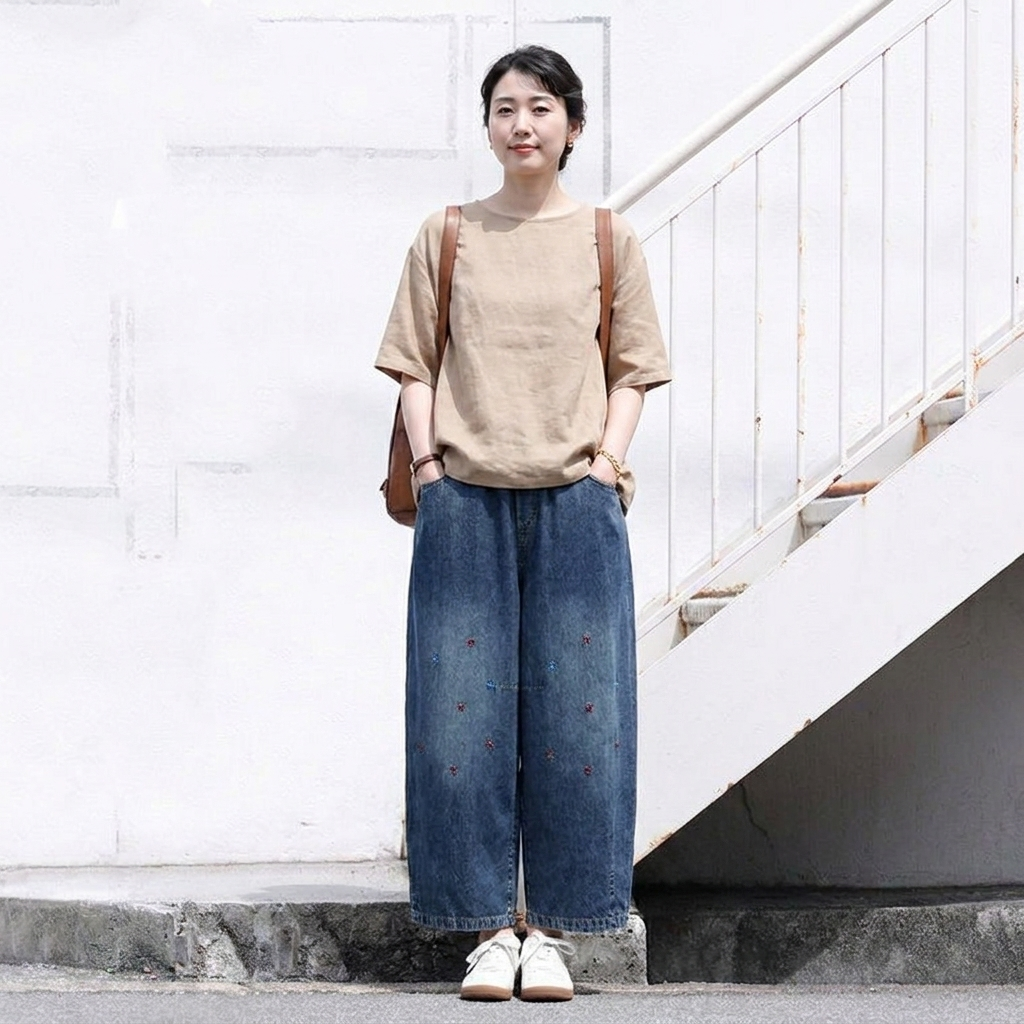 M-2XL 刺繍 ポケット付き アンクル丈（9分丈） 大きめのサイズ感 カジュアル ジーンズ M ブルー