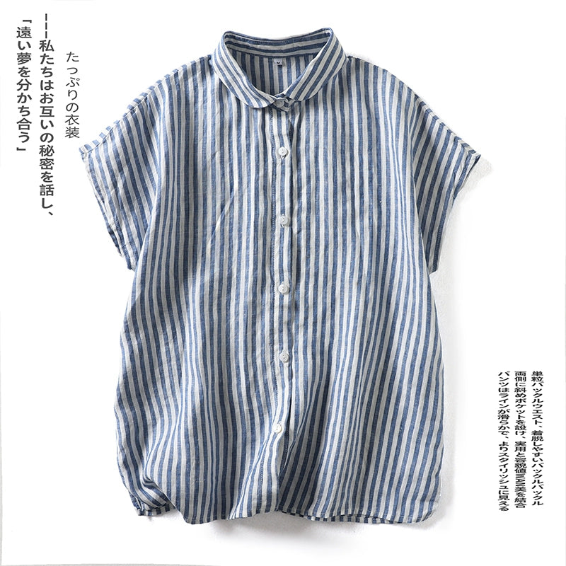 M-2XL 綿麻 POLOネック ストライプ柄 半袖  シャツ M ブルー