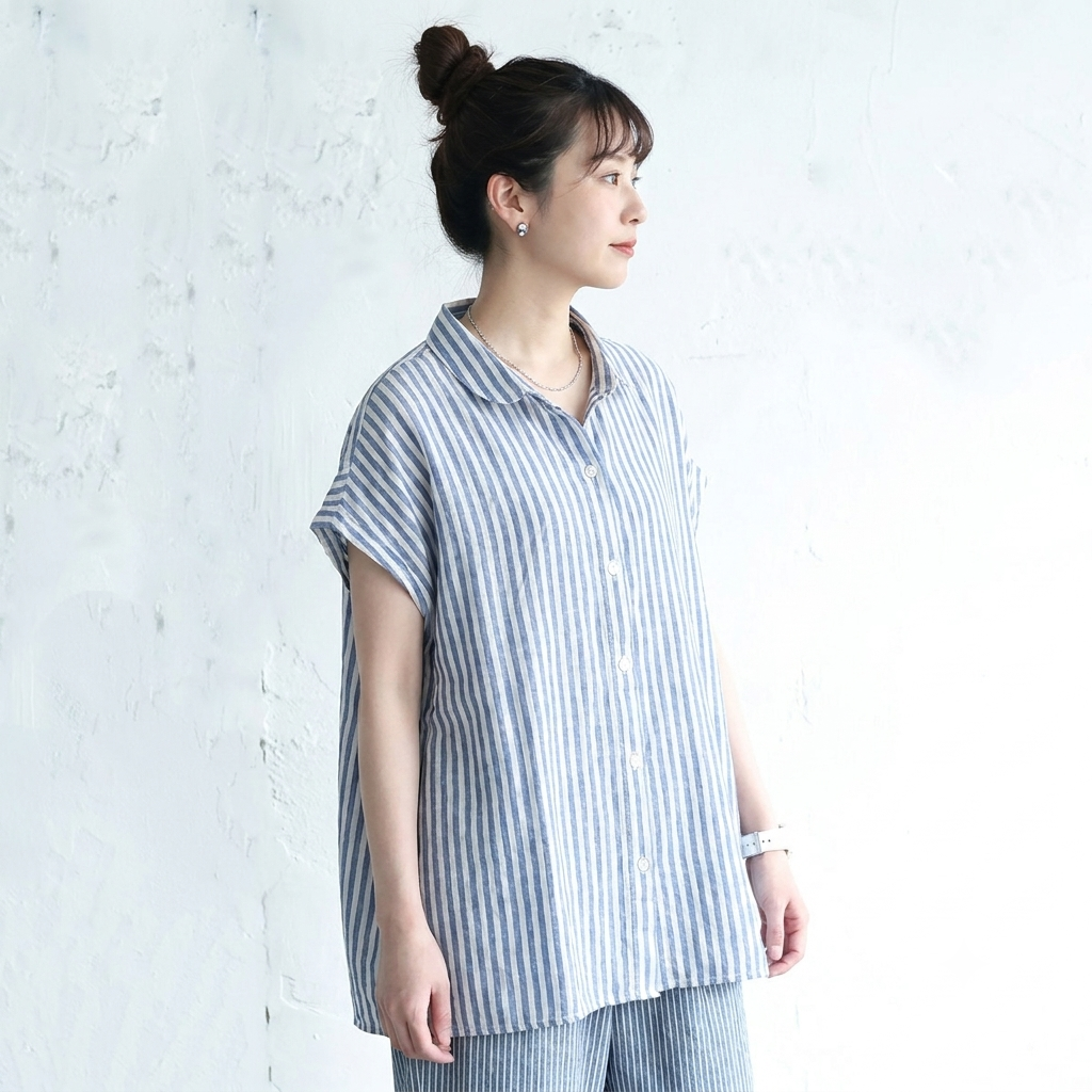 M-2XL 綿麻 POLOネック ストライプ柄 半袖  シャツ M ブルー