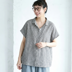 M-2XL 綿麻 POLOネック ストライプ柄 半袖  シャツ M ブルー