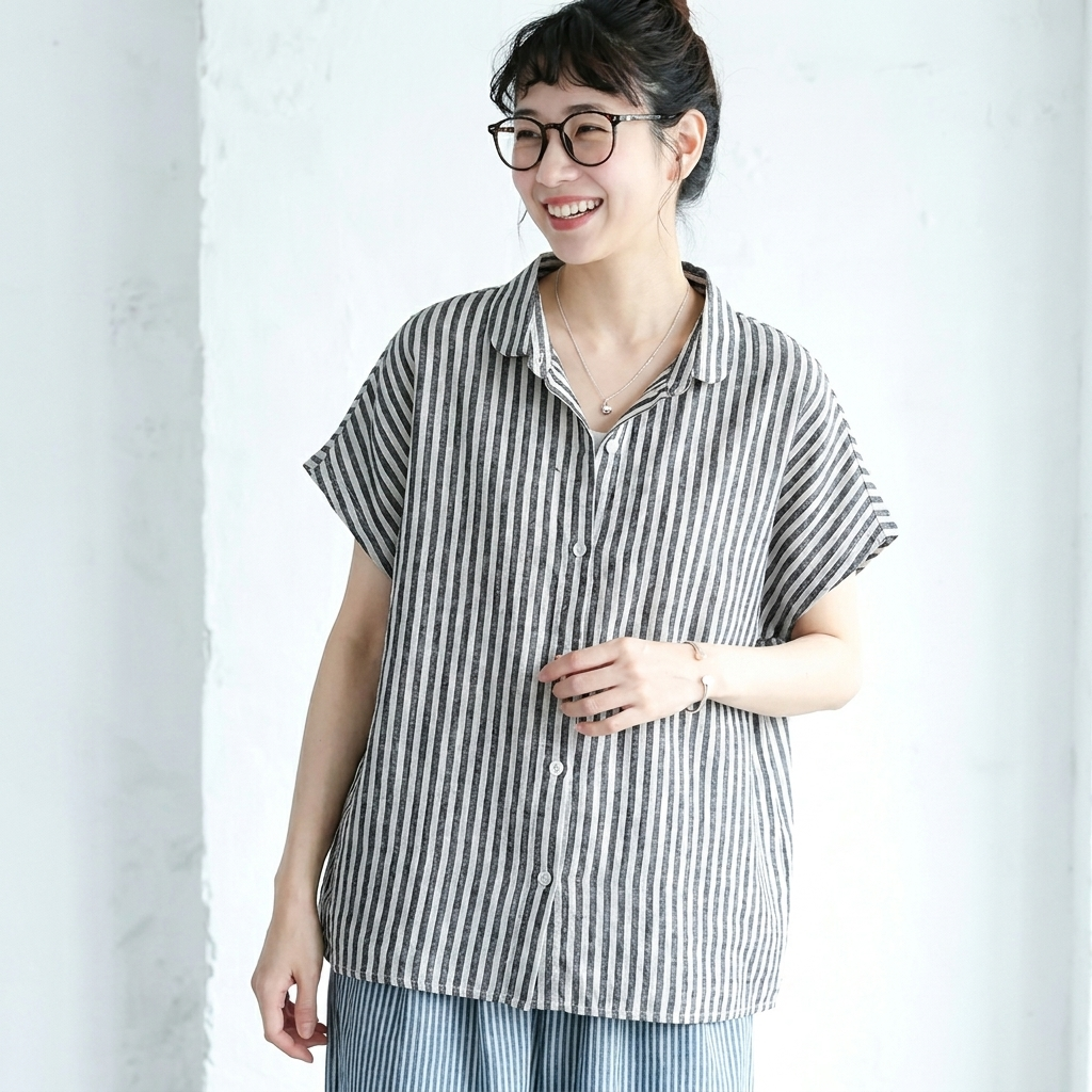 M-2XL 綿麻 POLOネック ストライプ柄 半袖  シャツ M ブルー
